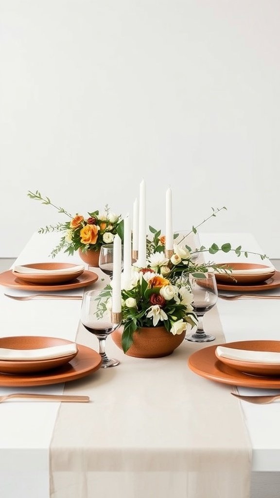 Minimalist terracotta wedding table setting with floral decor and candles.