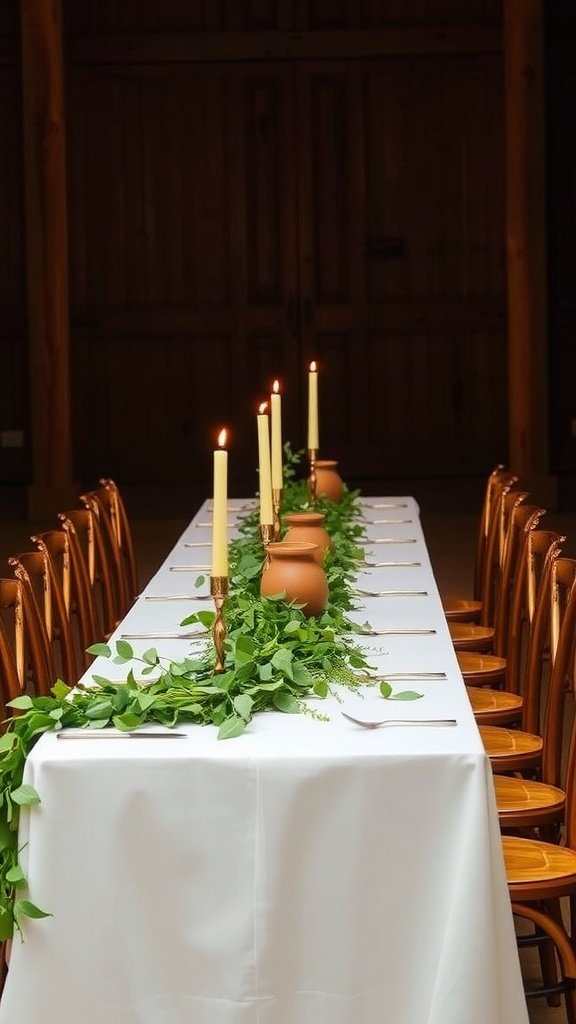 A long wedding table decorated with terracotta pottery and greenery.