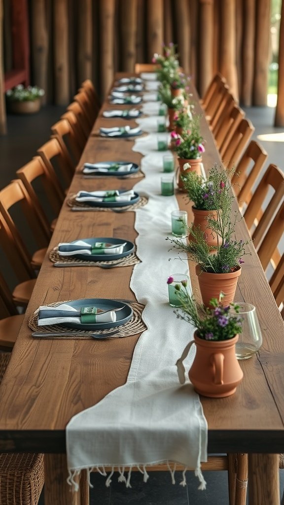 A rustic farmhouse table set with natural wood, linen runner, and potted plants.