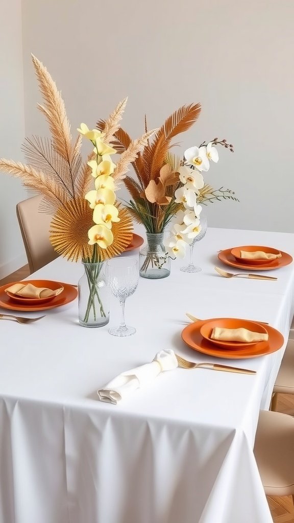 A modern wedding table featuring terracotta plates, white napkins, and gold cutlery with floral arrangements.