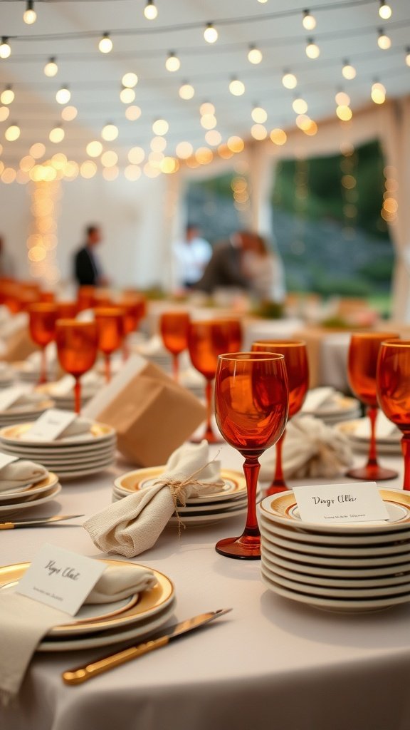 A beautifully set formal wedding table featuring terracotta elements, amber goblets, and elegant dinnerware.