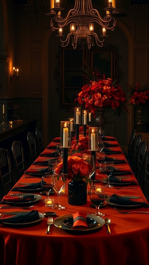 Terracotta wedding table with candles and floral arrangements.