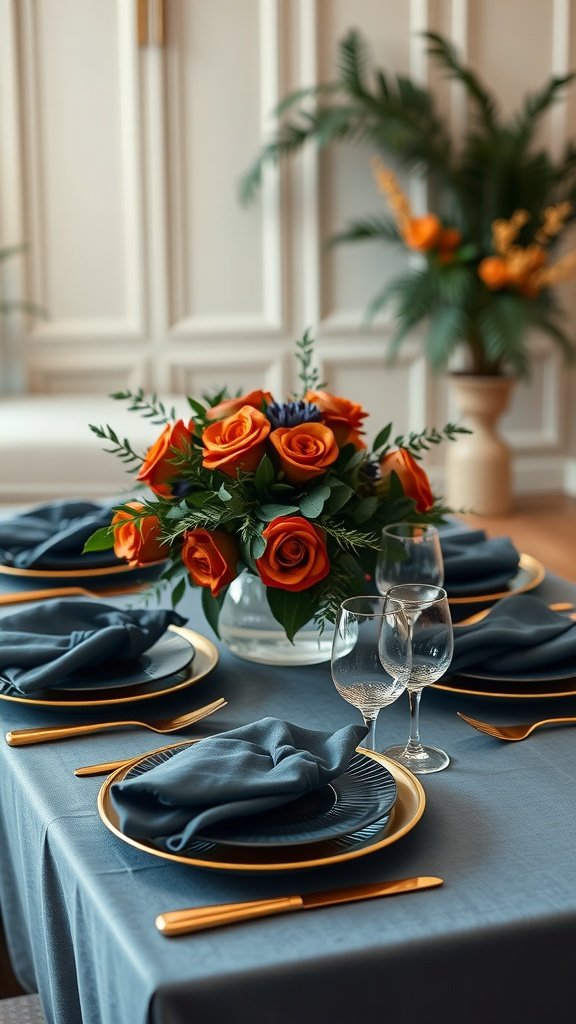 A beautifully set wedding table featuring terracotta and dusty blue elements with an orange rose bouquet.
