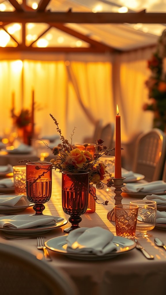 Terracotta wedding reception table at sunset with candles and flowers.