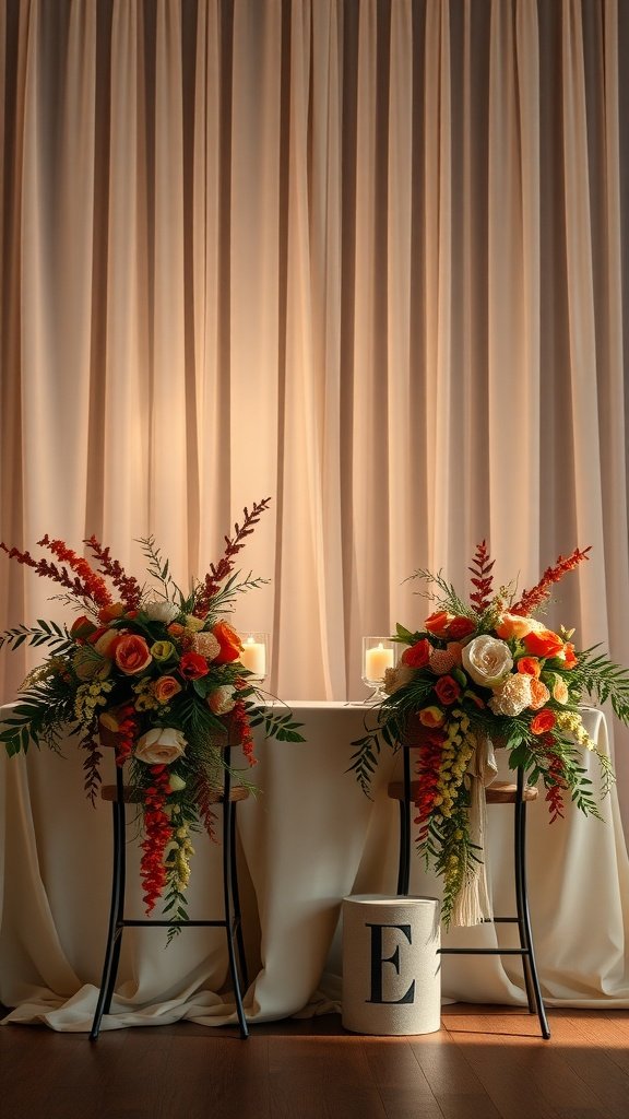 Intimate sweetheart table decorated with flowers and candles