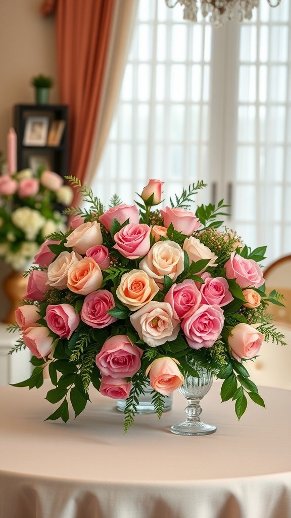 A vibrant floral arrangement of pink and peach roses in a glass vase on a table.