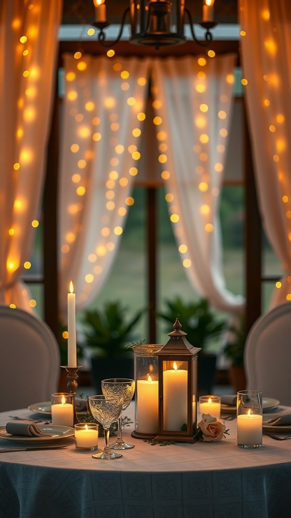 A beautifully set table with candles and lanterns, creating a cozy atmosphere.