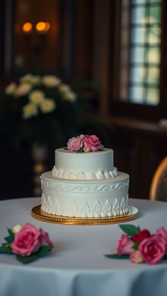 A mini wedding cake decorated with pink roses on a table.
