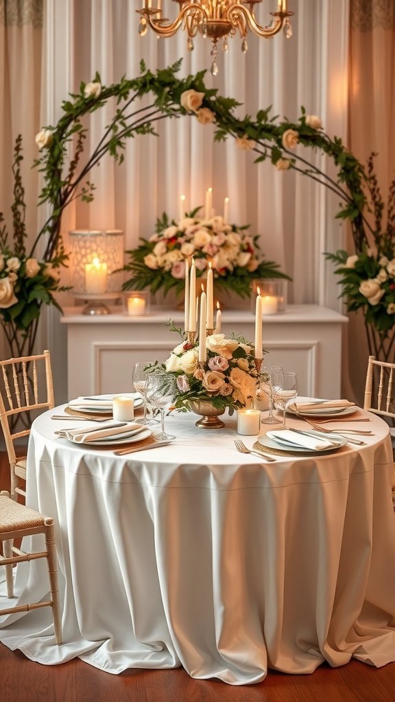 A beautifully arranged sweetheart table for a wedding with flowers, candles, and elegant table settings.