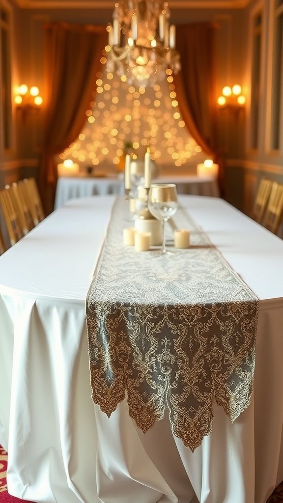 Elegant table setting with a lace runner and soft candlelight