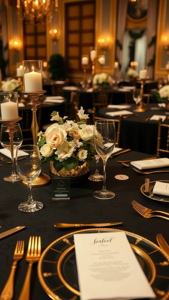 Black and gold wedding table setting with place cards