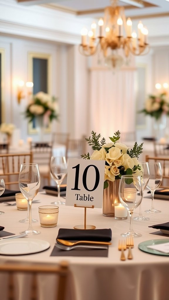 Elegant wedding table setting with black and gold decor featuring table number sign