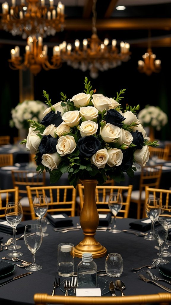 Black and white rose centerpiece with gold pedestal and elegant table setting.
