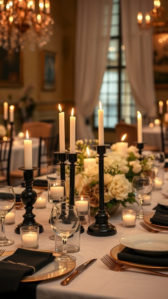 Elegant candlelit black and gold wedding table setting with roses