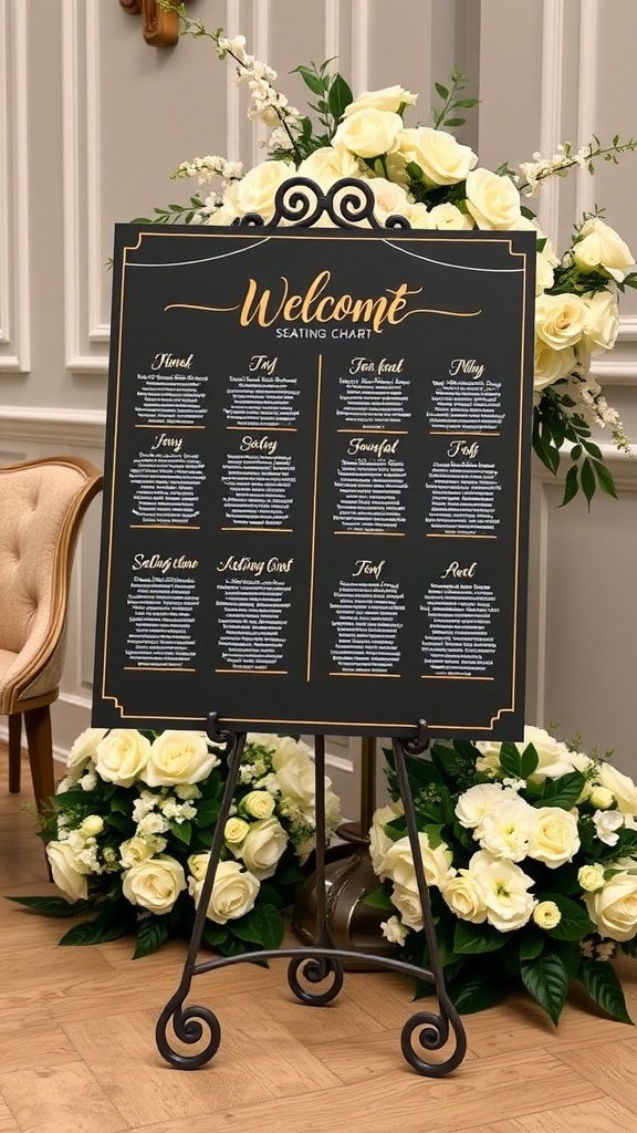Elegant black and gold wedding seating chart with white roses