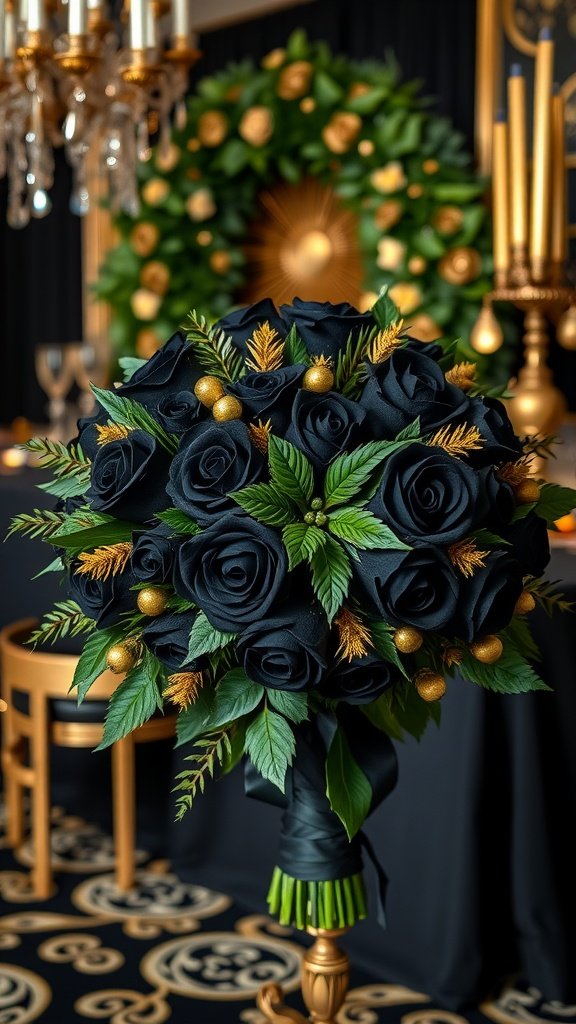 A luxurious black and gold bridal bouquet featuring black roses and gold accents.