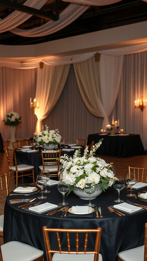 Elegant wedding reception setup featuring black tablecloths, white floral arrangements, and rose gold accents.