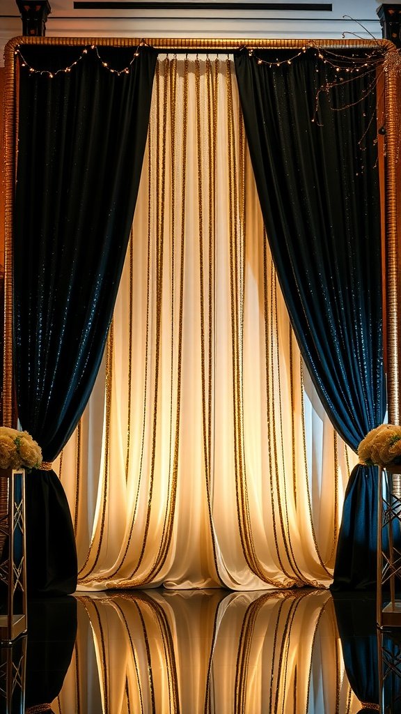 Black and gold sequin backdrop drapes for wedding decor.