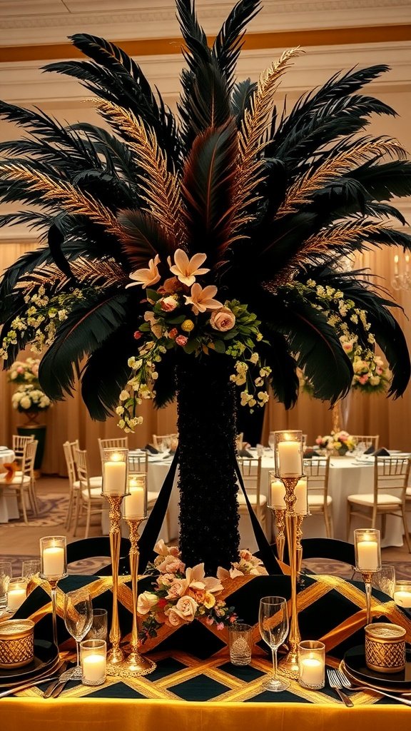 A grand wedding centerpiece featuring tall black feathers, golden accents, and fresh flowers.