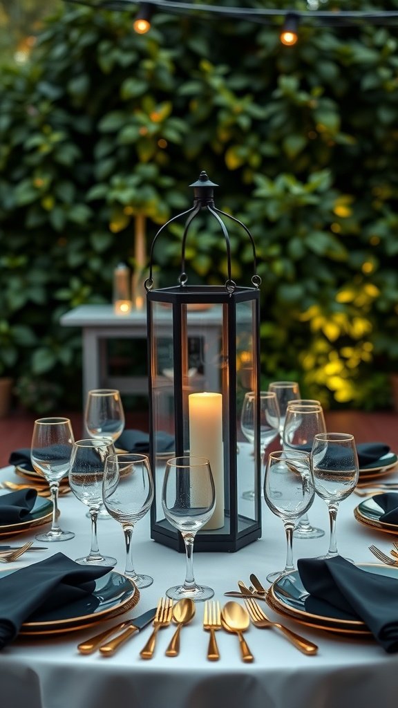 Outdoor cocktail table decorated with a lantern centerpiece, black and gold theme.
