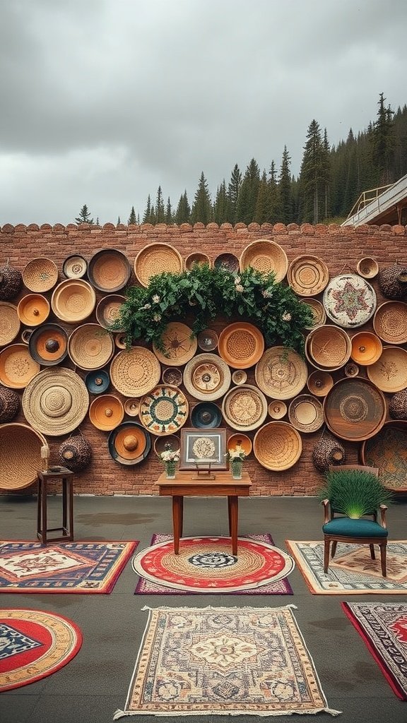 A wedding setup featuring a woven basket wall with decorative rugs and furniture in front