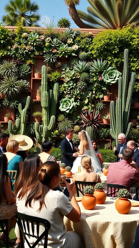 A couple exchanging vows in front of a vibrant cactus and succulent wall during their wedding ceremony.