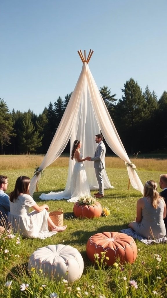 A couple getting married under a teepee style frame with drapes in a field, surrounded by guests seated on cushions.