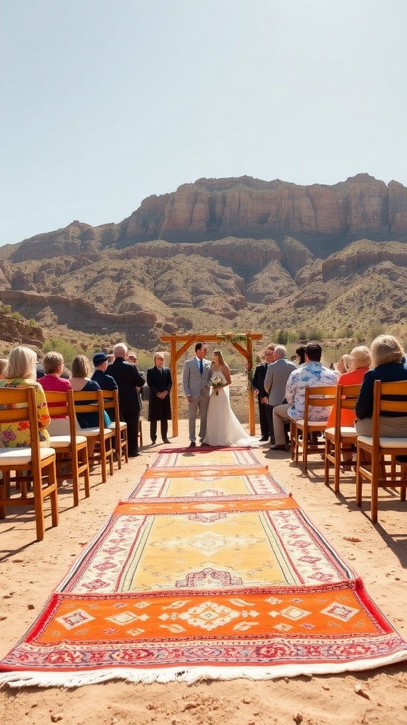 A wedding ceremony with a vintage rug aisle framed by mountains and guests seated on chairs.