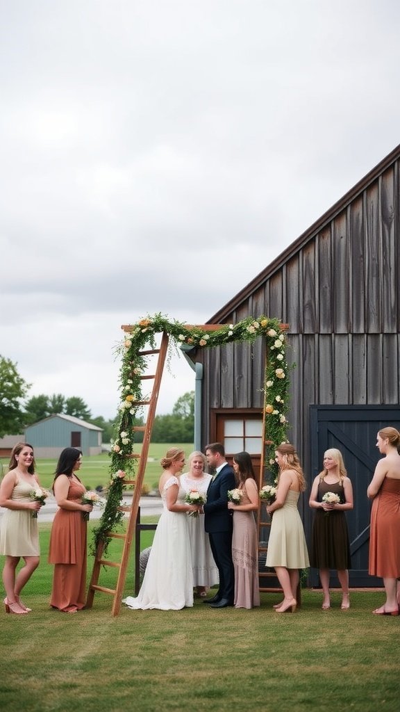 A couple exchanging vows under a rustic ladder decorated with flowers, surrounded by bridesmaids in various dresses.