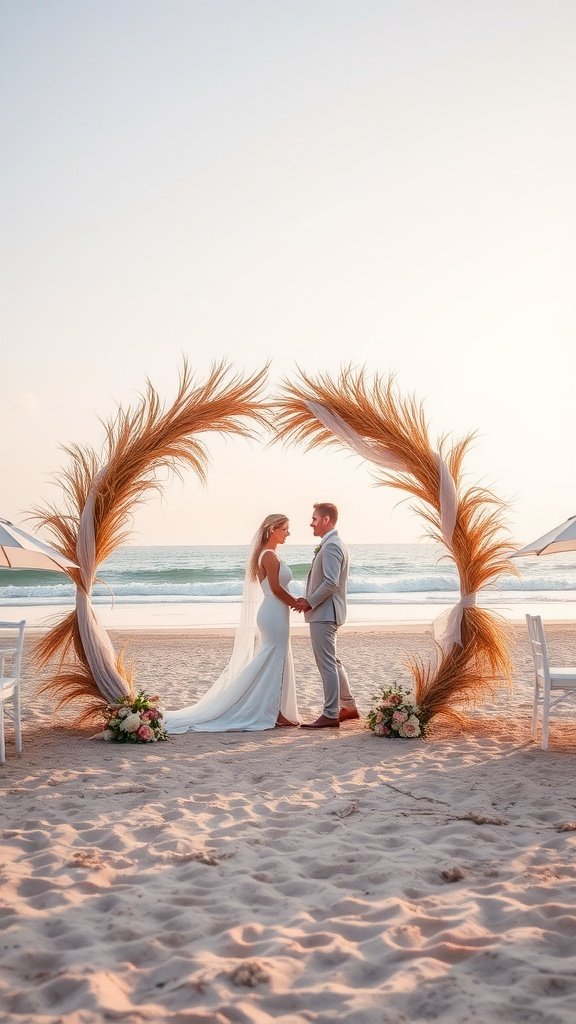 A couple standing under a circular pampas arch on the beach during sunset.