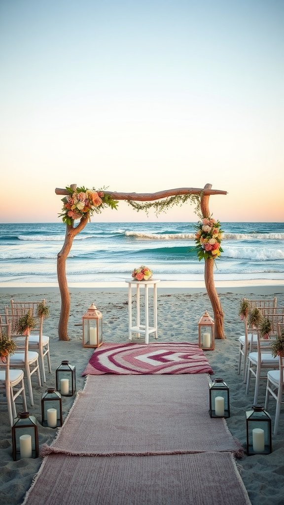 A driftwood arch decorated with flowers at a beach wedding, with lanterns and a rug leading to it.