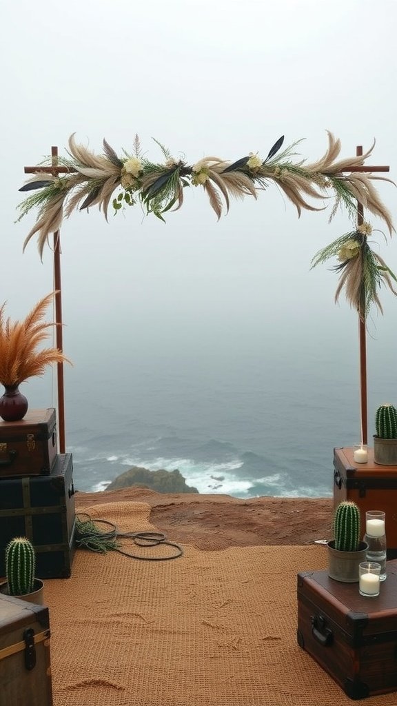 A wedding arch decorated with dried florals and feathers overlooking the ocean, surrounded by vintage suitcases and cacti.