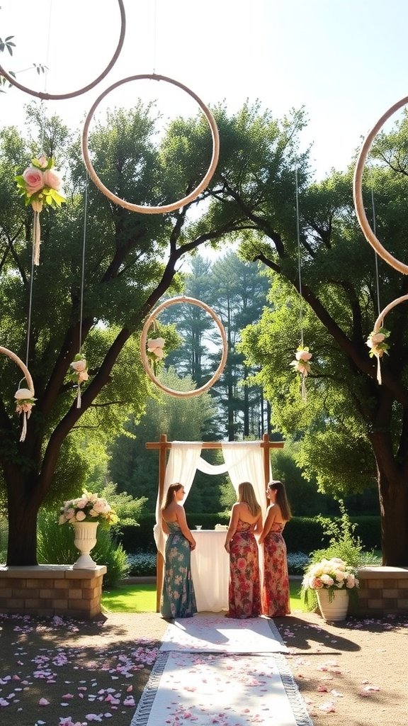 A wedding backdrop featuring hanging floral hoops and a floral aisle