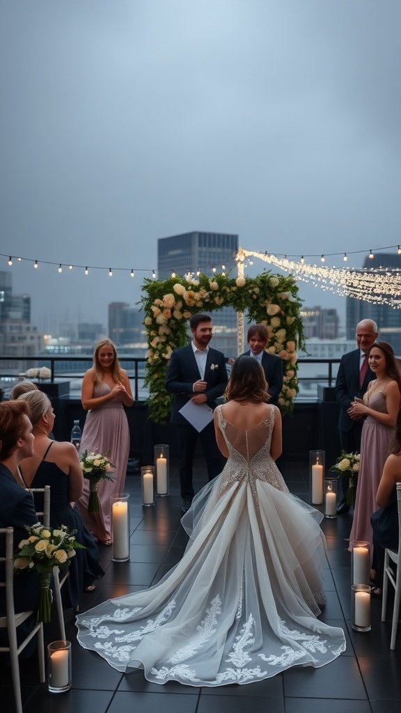 A bride in a mermaid wedding dress with a nude underlay, surrounded by guests during a wedding ceremony.