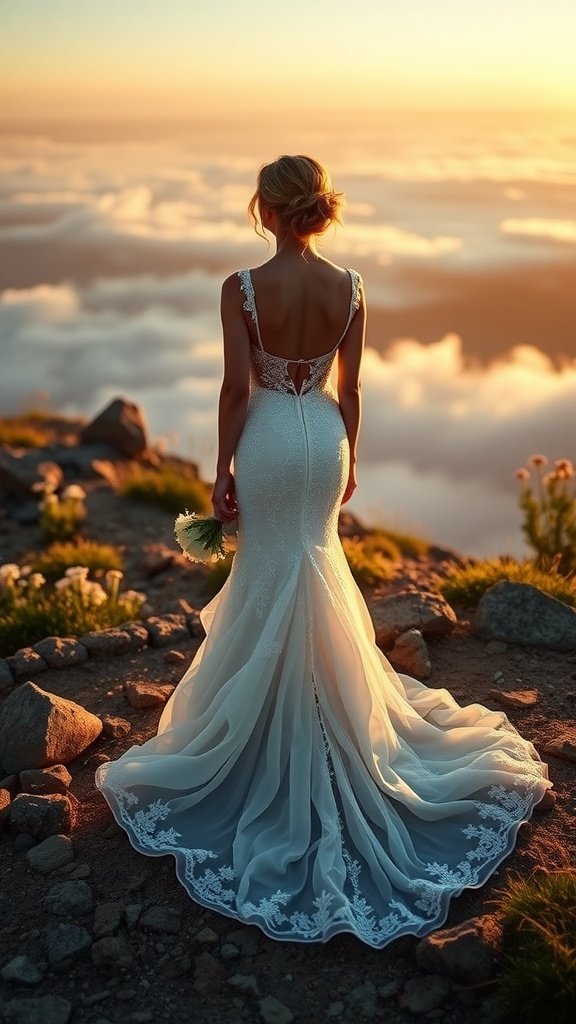 A petite bride in a mermaid wedding dress standing on a rocky terrain with clouds in the background during sunset.