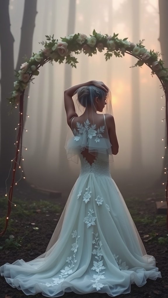 A bride wearing a mermaid wedding dress with 3D floral appliqué, standing in a misty forest.