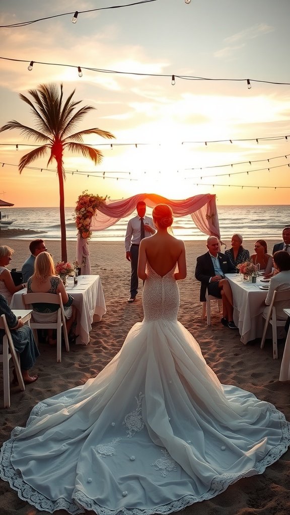 Bride in a mermaid wedding dress with a train at a beach wedding during sunset.