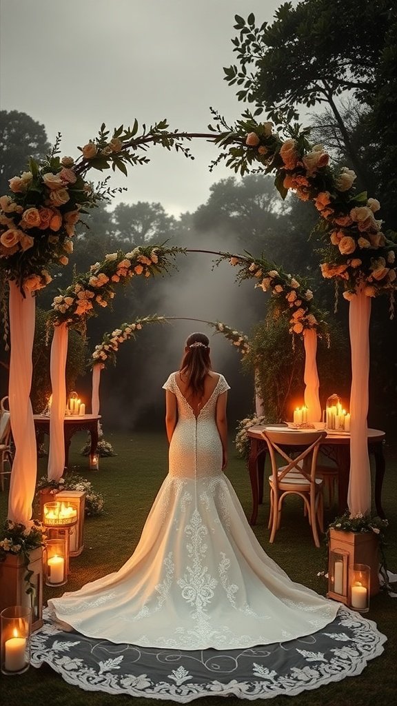 A bride wearing a mermaid wedding dress with sleeves, surrounded by floral arches and candles.