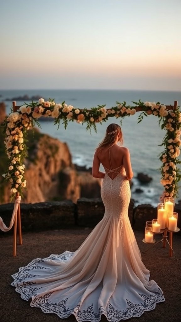 Woman in a mermaid wedding dress with gold accents, standing near a floral arch by the ocean at sunset.