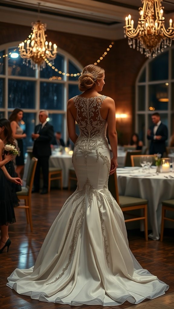Bride in a mermaid wedding dress with jewels, standing at a reception.