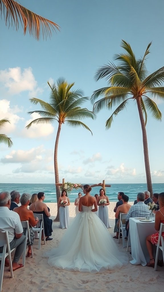 A bride in a strapless mermaid tulle wedding dress at a beach wedding ceremony.