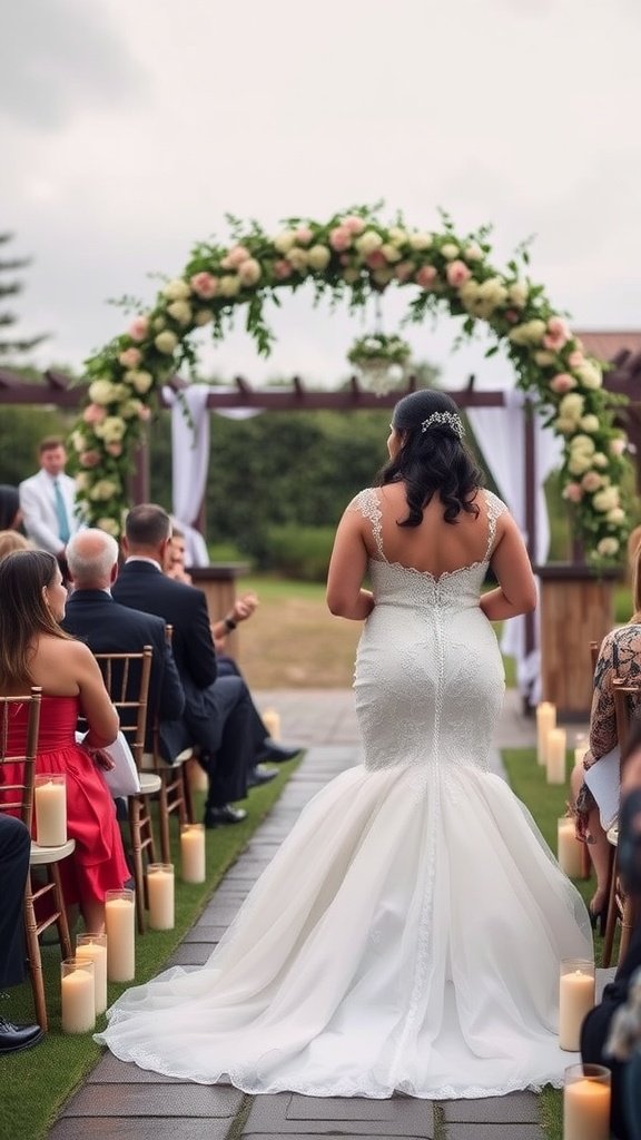 A bride in a plus-size mermaid wedding dress walking down the aisle, with guests seated in a beautiful outdoor setting.