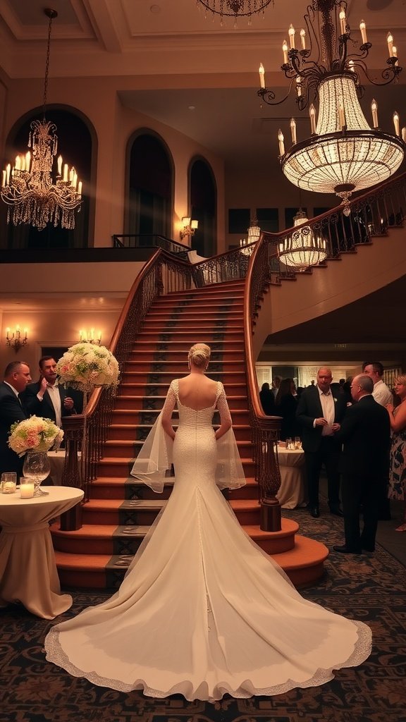 Bride in a mermaid wedding dress with long train standing on staircase