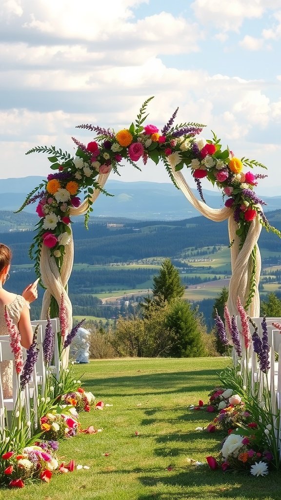 A wedding arch beautifully decorated with vibrant wildflowers against a scenic mountain backdrop.