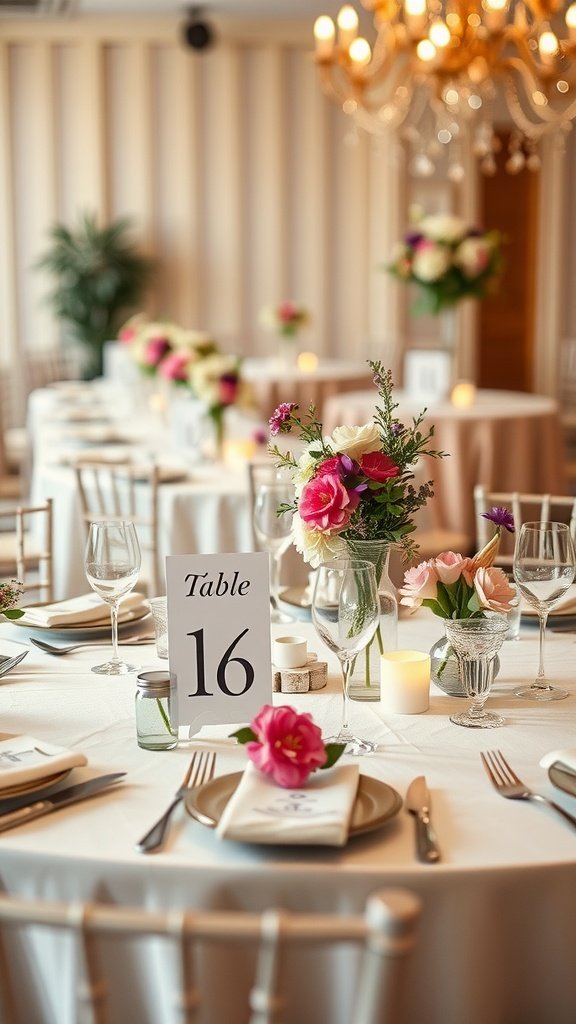 A beautifully arranged wedding reception table featuring a floral centerpiece and a table number 16.