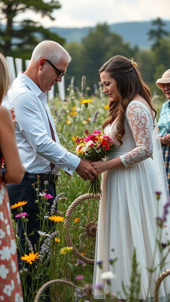 A couple exchanging vows in a wildflower setting during their wedding ceremony.