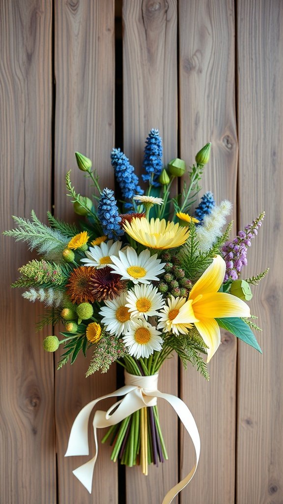A vibrant bouquet featuring daisies, lilies, and blue flowers tied with a ribbon against a wooden background.
