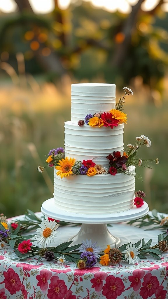 A three-tiered wedding cake decorated with colorful wildflowers, set outdoors on a floral tablecloth.