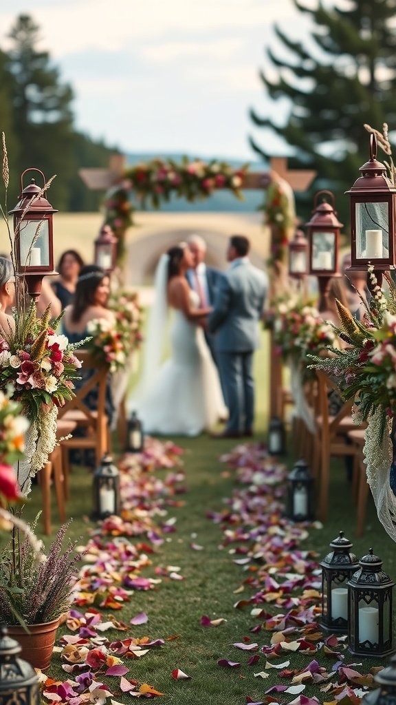 A beautiful wedding aisle decorated with wildflowers, lanterns, and flower petals.