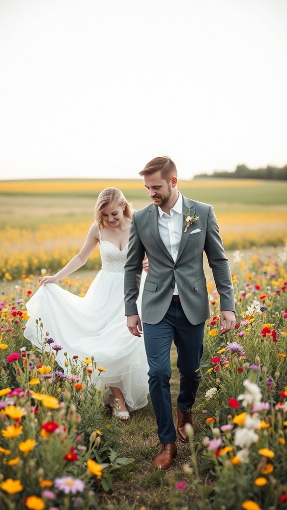 A couple walking in a field of wildflowers, the bride in a white dress and the groom in a gray suit.